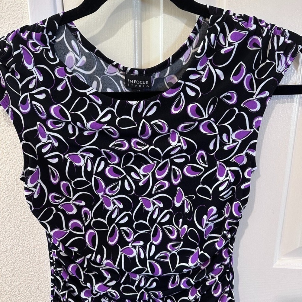 En Focus Studio Purple Black Abstract Petal Ruched Side Sheath Dress 10 Career